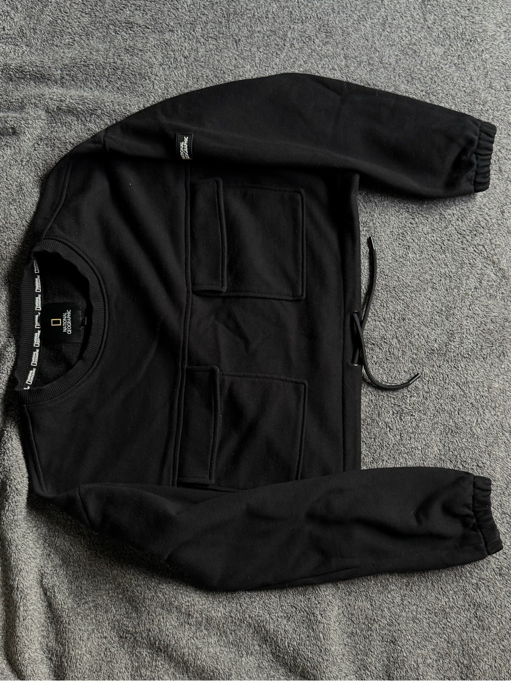 National Geographic Black Crewneck with Front Patch Pockets